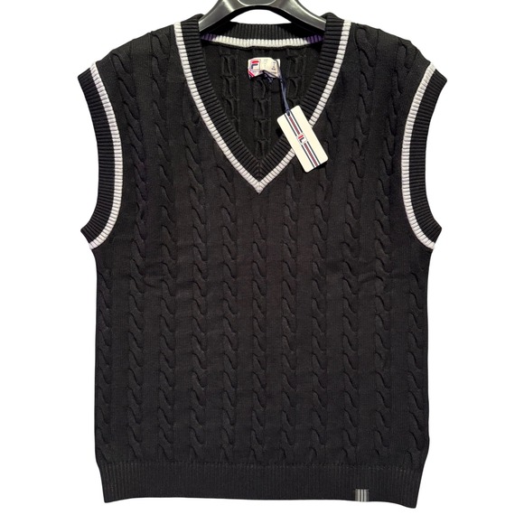 FILA Baseline Cable Knit Vest Mens Size S Sleeveless Sweater Black Heavyweight - Picture 1 of 8